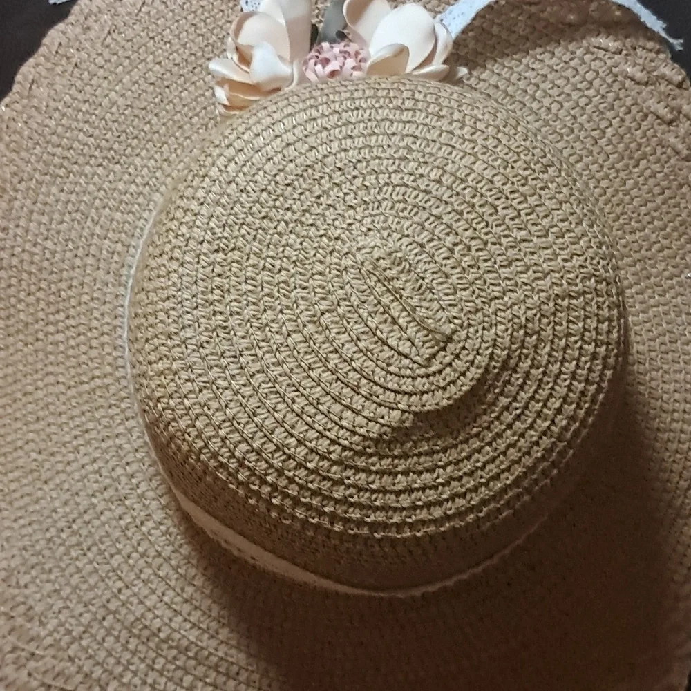 Beinvenu Away Tan Hat with Pink/Cream Floral And Lace Papyrus Detail Cottagecore
